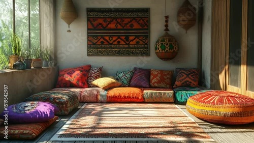 Intimate bohemian living space filled with colorful textiles and textures indoors