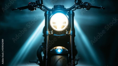 Motorcycle Headlight Illuminating the Night, A Front View of a Modern Bike Design