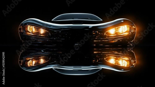 Mesmerizing symmetric reflection on sleek black surface, highlighting light play