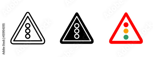 Traffic lights sign icon. Triangular warning sign with vertical traffic light vector illustration. Indicates upcoming signalized intersection symbol. Used for road safety and driver alert sign.