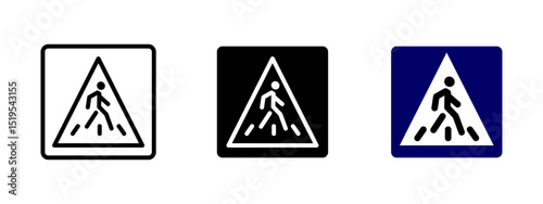 Pedestrian sign icon. Triangle warning sign with walking figure on zebra crossing vector illustration. Indicates pedestrian zone or crosswalk area symbol. Used for urban safety and traffic regulation.