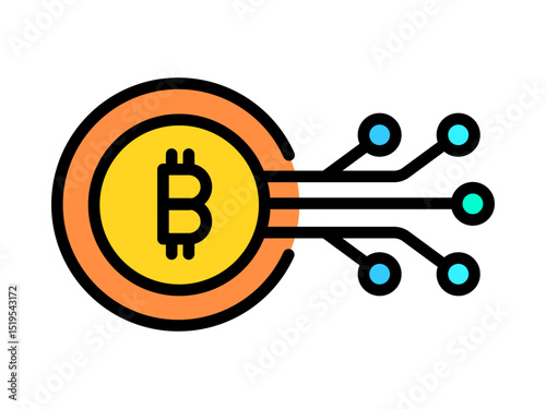 Color Outline Bitcoin Icon with Electricity Line in Futuristic Payment and Digital Banking. Cryptocurrency or Stable Coin AI Financial Analyzing Symbol Cut out Clip art. Editable Stroke illustration.