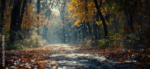 Autumn forest path with falling leaves and soft sunlight filtering through trees