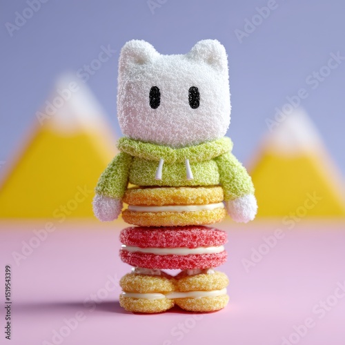 Big-eyed cat character with hoodie on fluffy pancake stack, strawberry glaze, pastel rainbow mountains in background