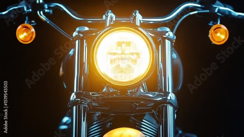 Close-up of a gleaming motorcycle headlight with a black background casting a soft glow
