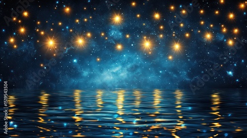 A dark, moody image of a starry night sky reflected in still water, with bright, golden lights scattered across the scene creating a dreamy, ethereal atmosphere