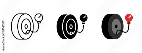 Tire pressure icon. Inflated car wheel with air pressure gauge vector illustration. Automotive maintenance symbol for checking tire inflation. Safety or service tool sign. Vehicle inspection pictogram