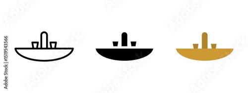 Sink icon. Half-round washbasin with central faucet and two knobs vector illustration. Bathroom plumbing fixture for personal hygiene symbol. Modern interior utility sign. Clean design pictogram.