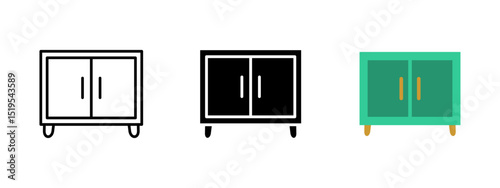 Cabinet icon. Two-door cupboard with short legs and vertical handles vector illustration. Storage furniture for home interior symbol. Modern and compact design sign. Room decor pictogram.