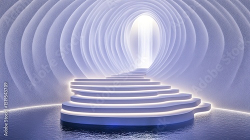 A digitally rendered image depicting a stairway leading to a bright oval opening at the end of a tunnel with soft, undulating, white walls.  The stairway rests on a platform surrounded by water
