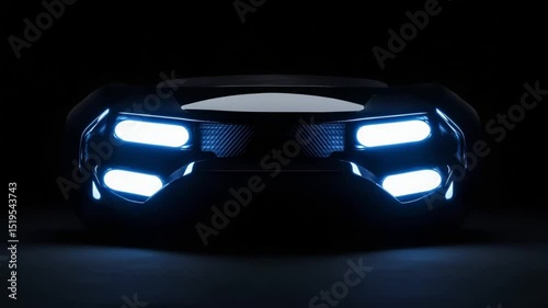 Futuristic Car Front View with Glowing Headlights in Dark Environment