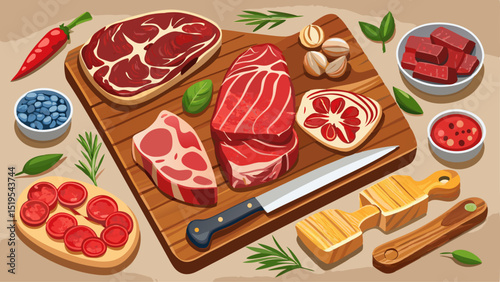 Variety of Raw Black Angus Prime meat steaks Machete, Blade on bone, Striploin, Rib eye, Tenderloin fillet mignon on wooden board