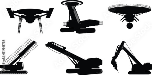 A collection of six black and white silhouettes of different construction and industrial machines