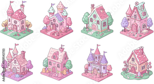 Pastel isometric houses illustration