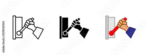 Lever icon. Human hand gripping and pulling a mechanical control lever vector illustration. Emergency power shut-off or machinery activation symbol. Manual control action sign. Safety tool pictogram.