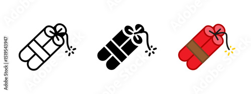 Dynamite icon. Bundle of explosive sticks tied with fuse and sparkling ignition vector illustration. Symbol of danger, destruction, and countdown mechanism sign. Weapon and threat warning pictogram.