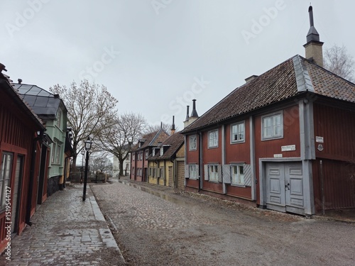 Photography Cobblestone street and wooden houses on a rainy day in Stockholm, Sweden
