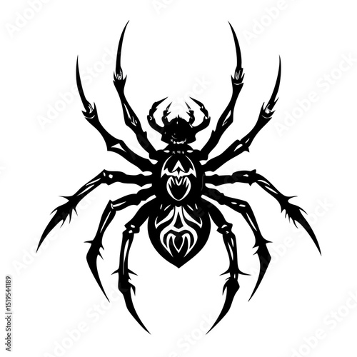 Intricate black spider tattoo design featuring sharp details and tribal patterns