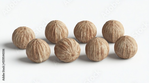 Eight light brown, spherical objects arranged in two slightly offset rows against a white background, casting subtle shadows