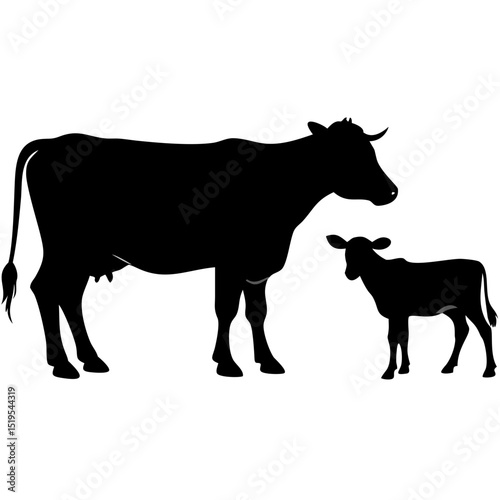 Silhouette of a cow and calf standing in a pastoral field at dusk during early springtime