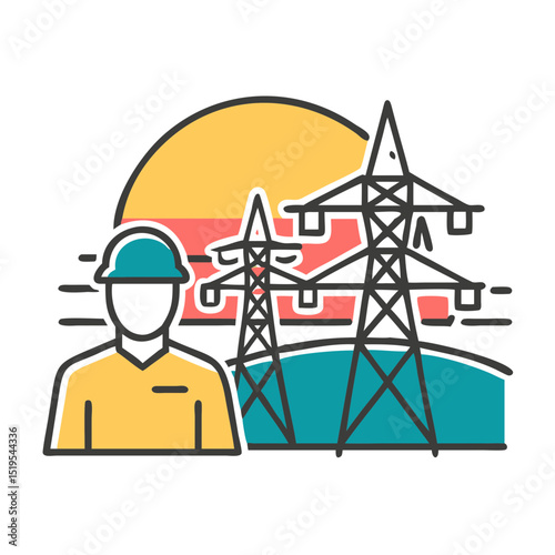 Powerline worker oversees transmission towers at sunset in a rural landscape