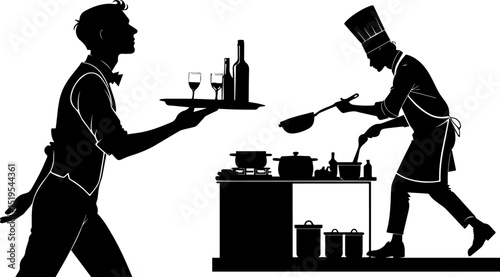 Chef and Waiter Silhouettes in Restaurant Kitchen and Service