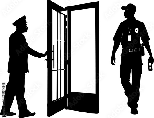 Security Personnel Silhouettes with Open Door and Walkie-Talkie