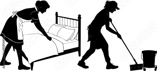 Housekeeper and Cleaning Lady Silhouettes Making Bed and Mopping