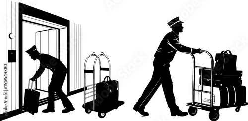 Hotel Porter Silhouette with Luggage Carts and Elevator