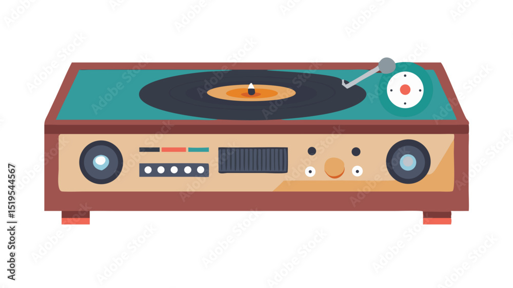 Fototapeta premium Vintage record player showcasing a classic design with a vinyl record spinning on a wooden surface
