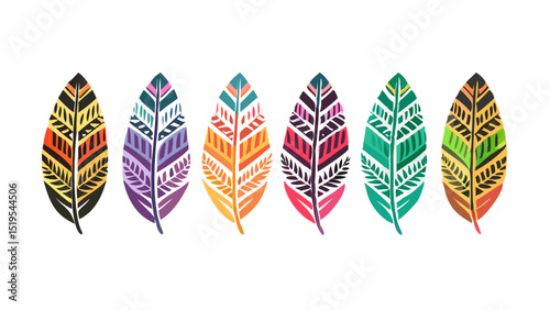 Colorful decorative feathers arranged in a visually striking pattern on a white background showcasing various designs and hues