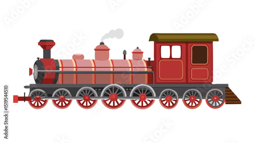 Classic steam locomotive with red and black details traveling through a scenic landscape