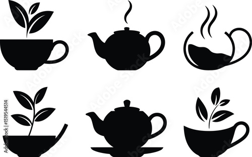 Collection of tea related icons including teapots and cups with leaves and steam in black and white