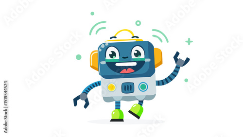 Friendly robot character waving cheerfully in a playful setting, showcasing vibrant colors and a fun design