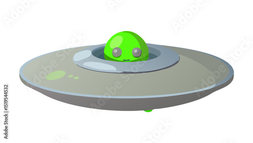 Cute green alien character emerging from a silver UFO in a playful and whimsical design