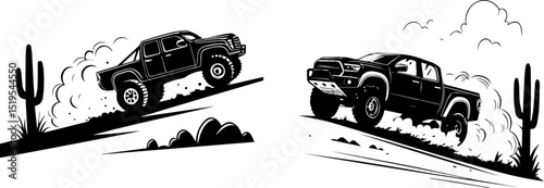 Off-Road Pickup Trucks Conquering Desert Terrain Vector Illustration