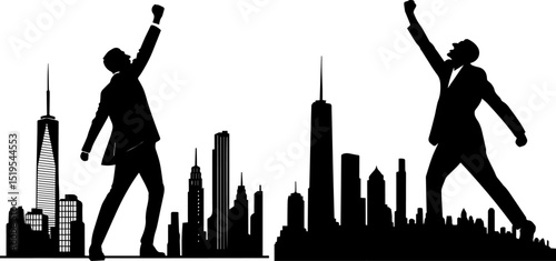 Triumphant Businessman Silhouettes with Modern City Skyline Background