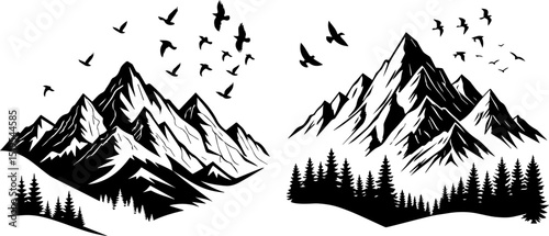 Majestic Mountain Landscape with Flying Birds and Pine Forest Silhouettes