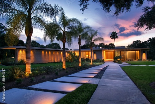 Modern luxury house with glass walls illuminated warmly at twilight surrounded by palm trees and manicured lawn photo