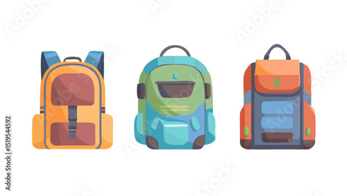 Stylish backpacks in bright colors showcased together for outdoor adventures or school use