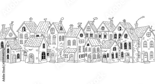 Black and white town houses illustration