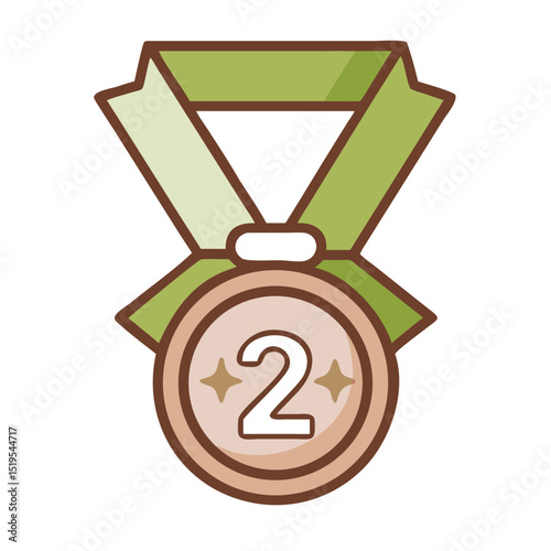 Second place medal with green ribbon and shiny details for achievements and competitions