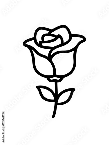 Simple line art depiction of a rose with detailed petals and leaves on a plain background