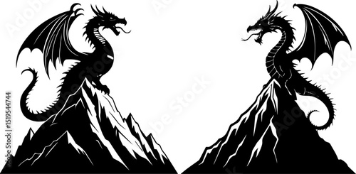 Majestic Dragon Silhouettes Roaring on Mountain Peaks
