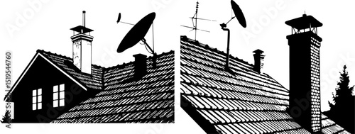 Rooftops with Chimneys, Satellite Dishes, and TV Antennas