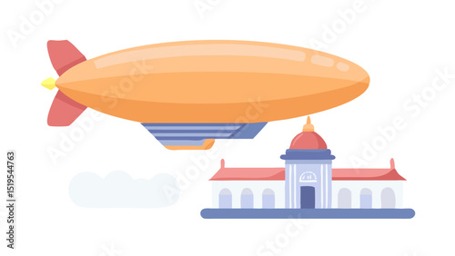 Brightly colored zeppelin floats above classic building during a cloudy day in an animated illustration style