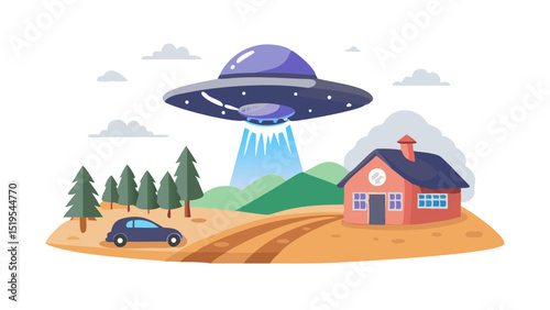 UFO hovers over a house in a rural setting capturing attention during a bright day