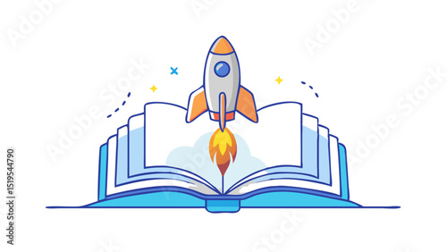 Creative illustration of a rocket launching from an open book, representing knowledge and exploration in education and innovation
