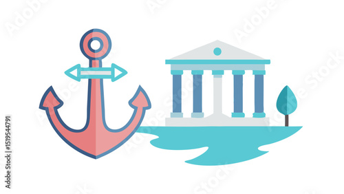Symbolic representation of maritime heritage featuring an anchor and classical architecture by the waterfront