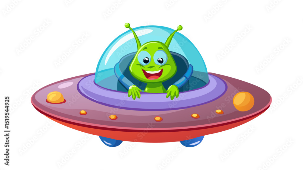 Obraz premium Cartoon alien smiles from colorful spaceship in a whimsical illustration set in a playful outer space theme